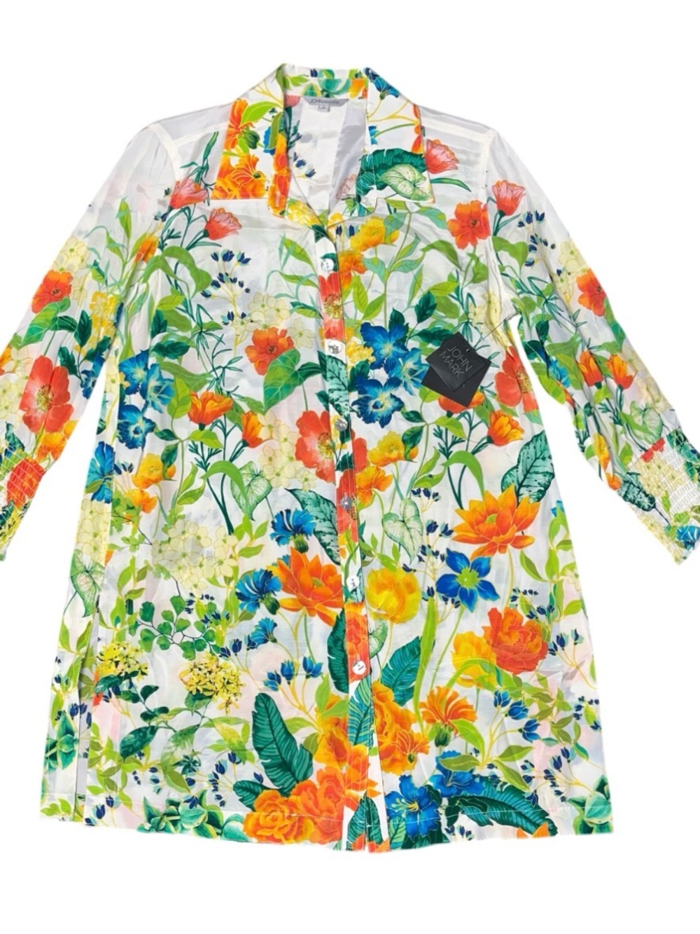 John Mark Boho Floral Button Long Blouse Green Yellow Smocked Ladies Small NWT